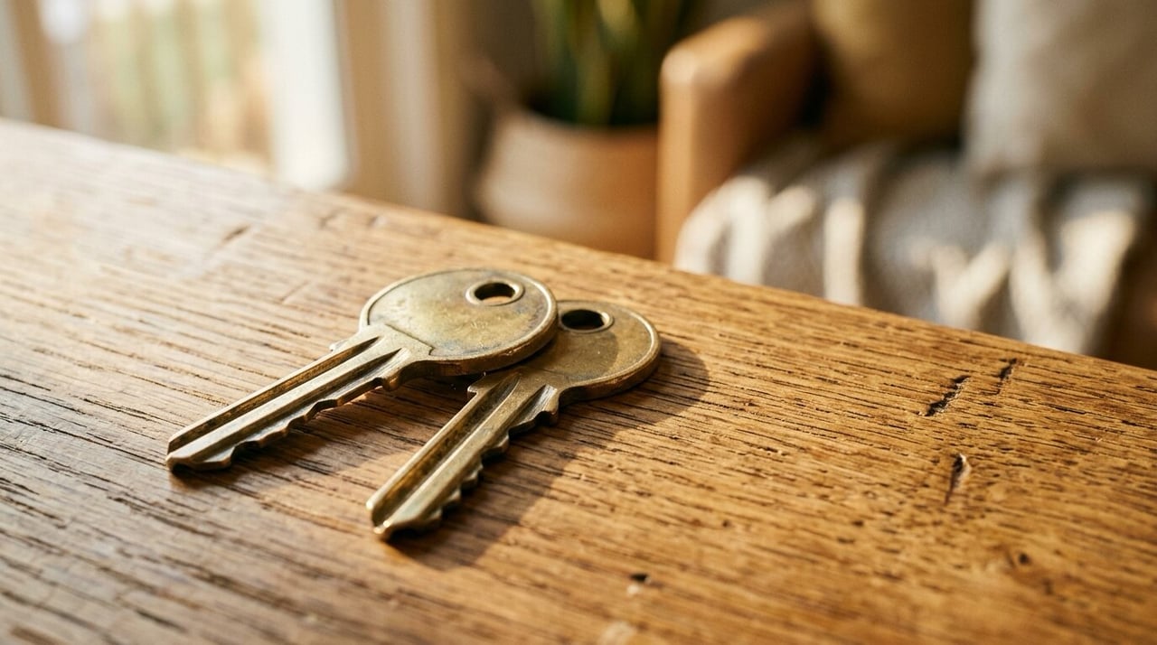 Two sets of house keys beside two closed folders on a table, representing both sides in a Texas home sale