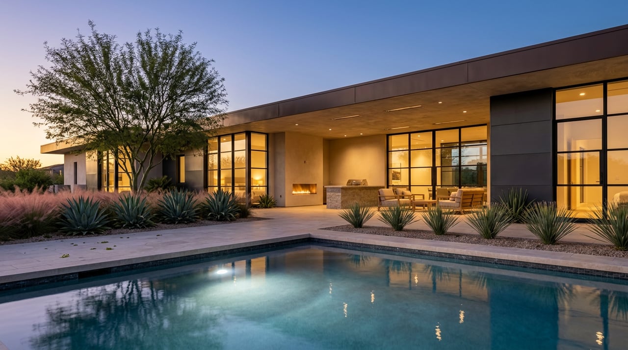 Desert-modern home with glowing black-framed windows overlooking a lit pool and stone terrace at dusk.