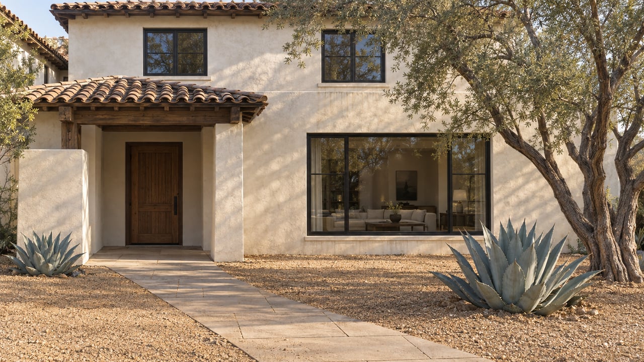 Two-story cream stucco home with a recessed timber door, clay tile roof, desert plants, and diagonal paver path.