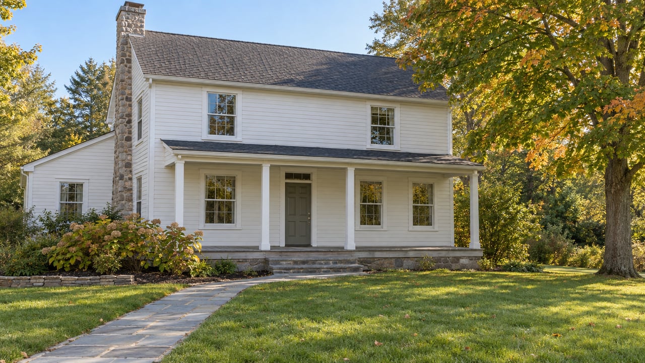 White clapboard house with a covered porch, fieldstone chimney and bluestone front walk beside a maple beginning to turn amber.