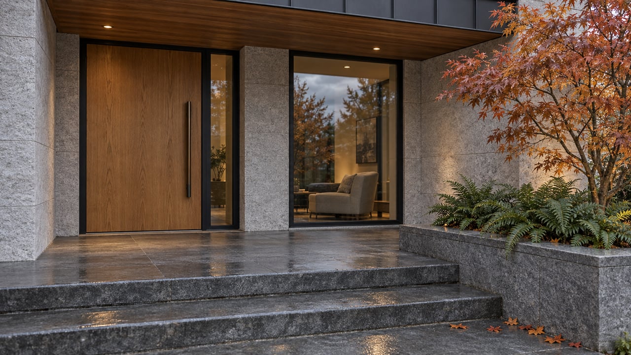 Rain-damp basalt steps lead to a sheltered contemporary entry with cedar soffit, oak door, stone walls and a copper-leaved Japanese maple.