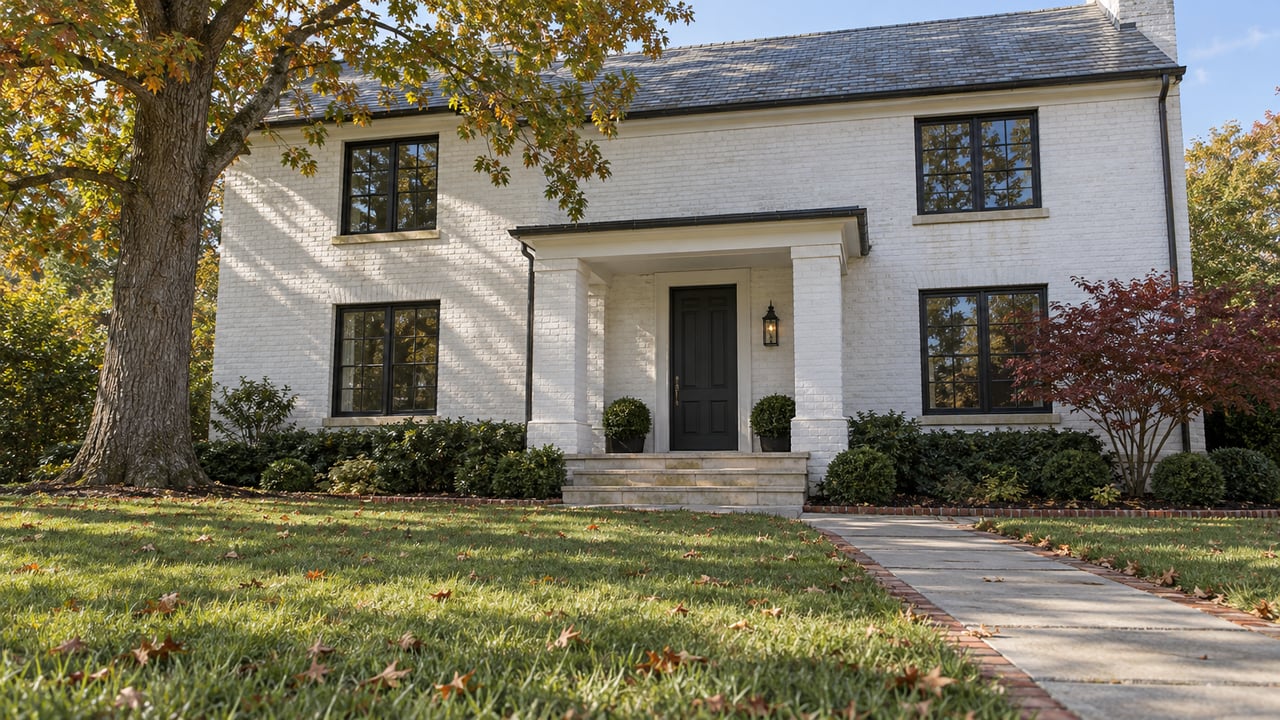 White-painted brick home with black-framed windows, a slate roof, and a limestone porch beyond an autumn lawn with oak and dogwood foliage.