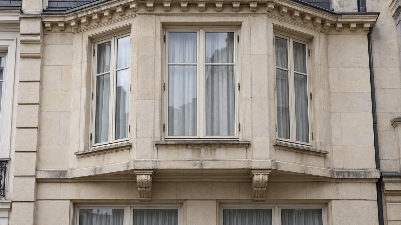 Ivory limestone townhouse facade with a projecting three-sided bay, tall curtained windows, and a slate-capped cornice.