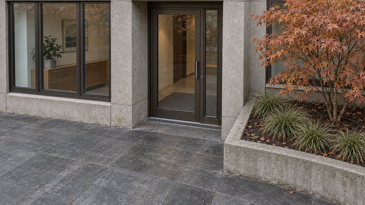 Apartment entrance with dark metal glazing, weathered concrete, stone paving, and a copper-leaved Japanese maple in a raised planting bed.