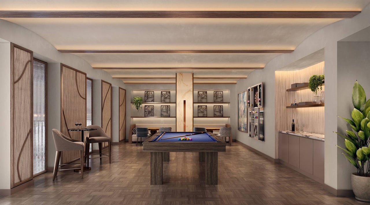 The Lincoln golf simulator and residents lounge rendering in Coconut Grove, Miami.