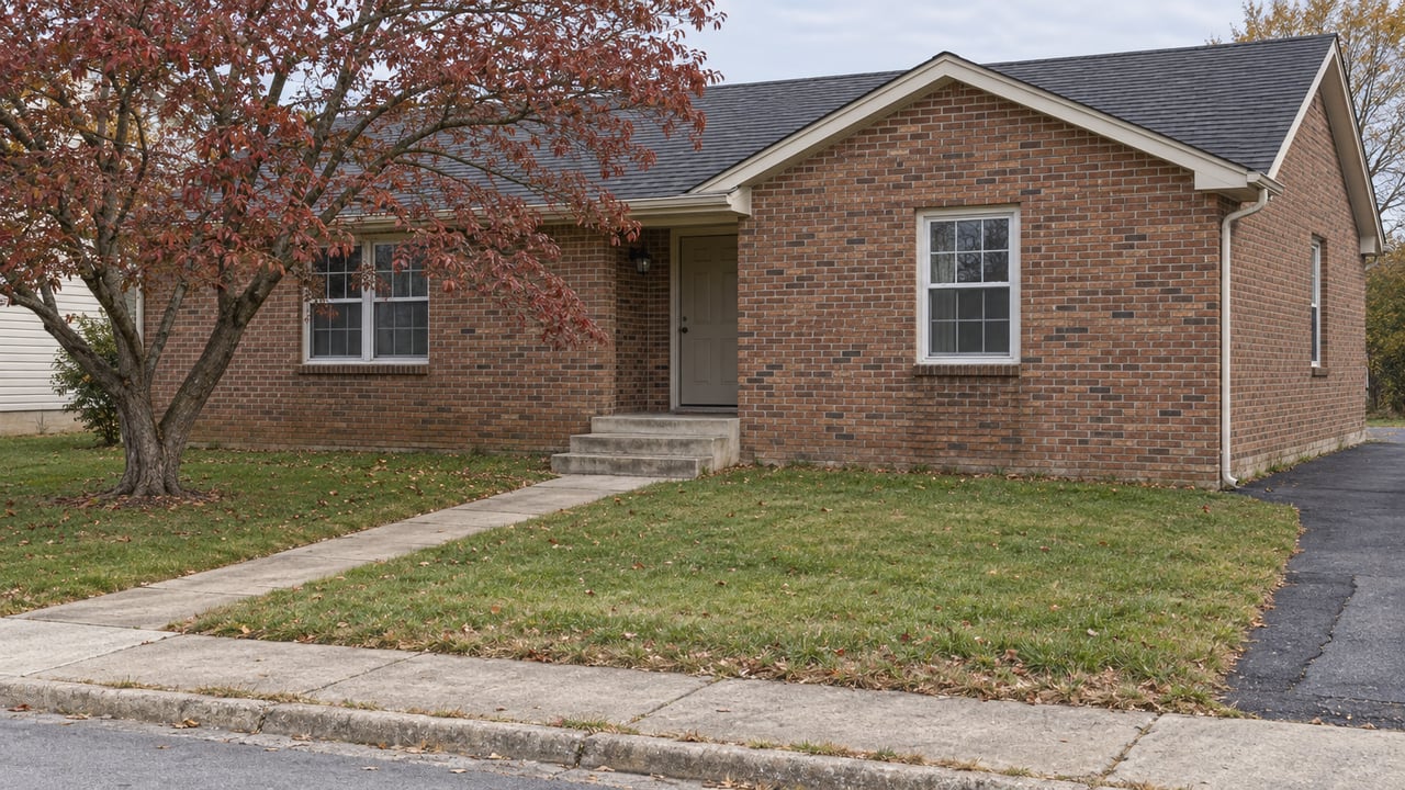 Red-brown brick ranch house behind a deep lawn, with a dogwood tree shedding burgundy leaves.