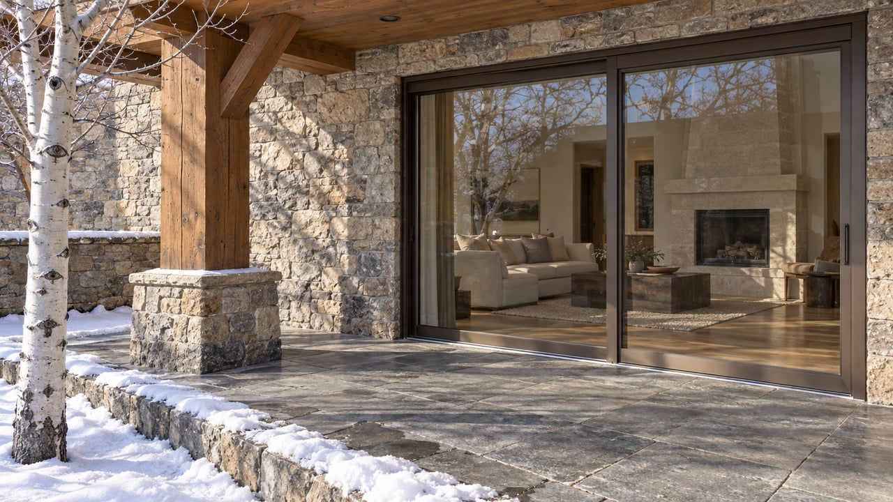 Sunlit timber and stone terrace with cleared paving, settled snow and a closed glass doorway into a warm contemporary living room.