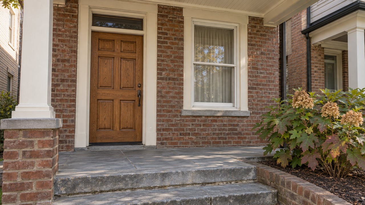 Oak front door and white-trimmed sash window on a brick porch, with worn bluestone steps and an autumn oakleaf hydrangea.