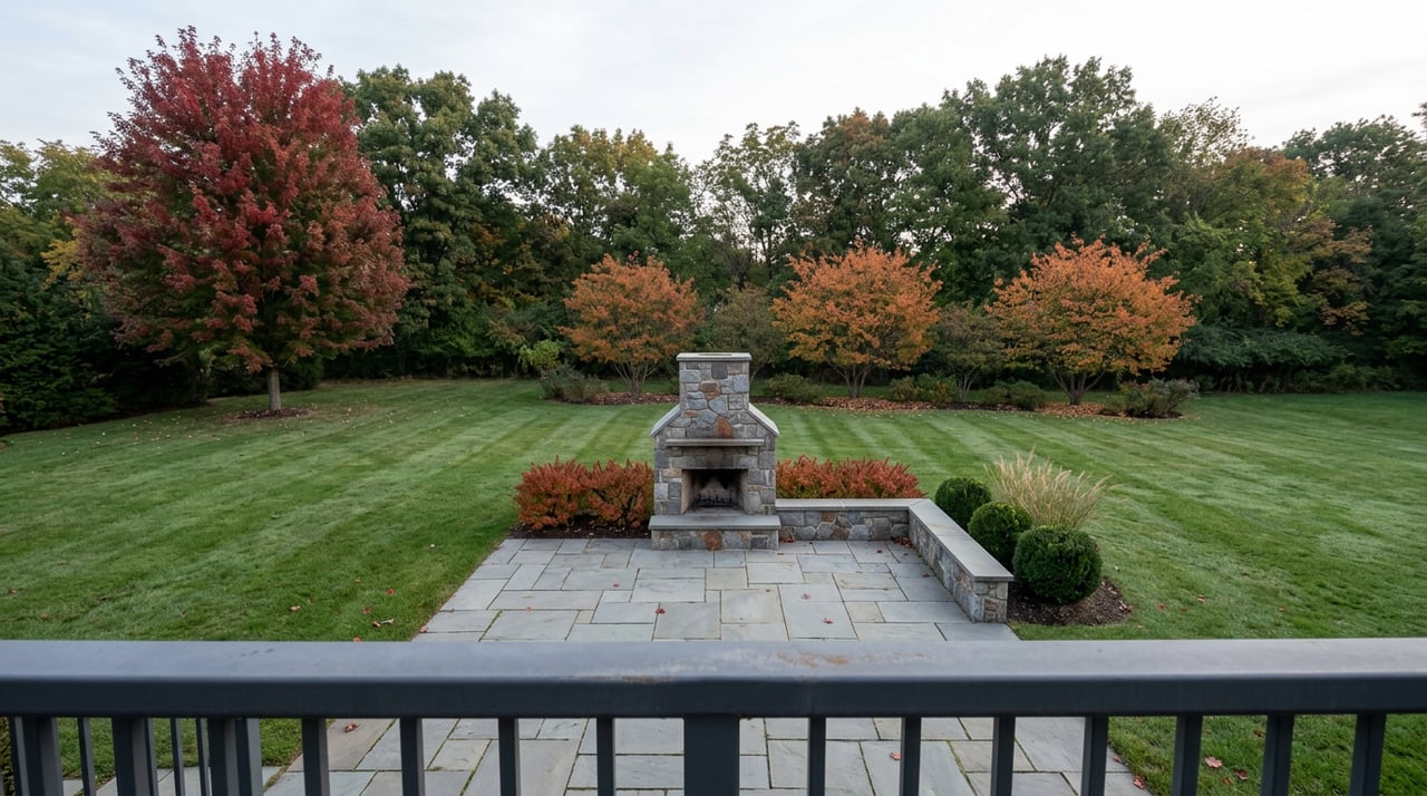Rear stone patio with a fieldstone fireplace and seating wall, bordered by a dew-damp lawn and red-gold fall foliage.