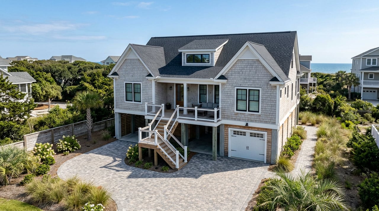 Pale gray coastal home with two gables, a white-railed deck, and a herringbone paver driveway.