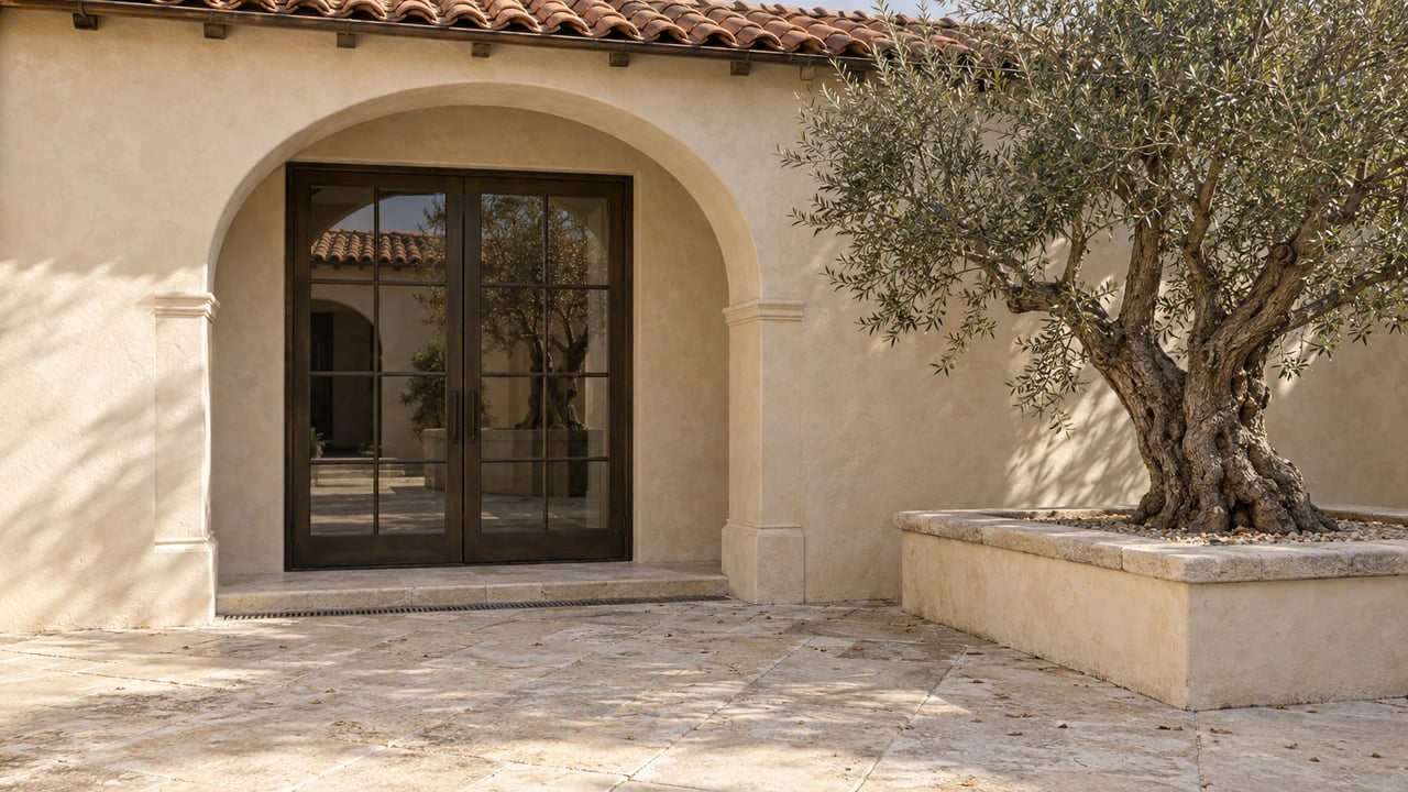 Stucco courtyard arch frames bronze doors beside a potted olive tree on limestone paving.