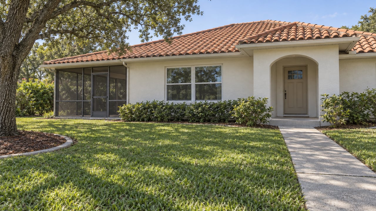 Warm white stucco home with a terracotta tile roof, screened porch, broad lawn, and mature live oak beside a concrete entry walk.