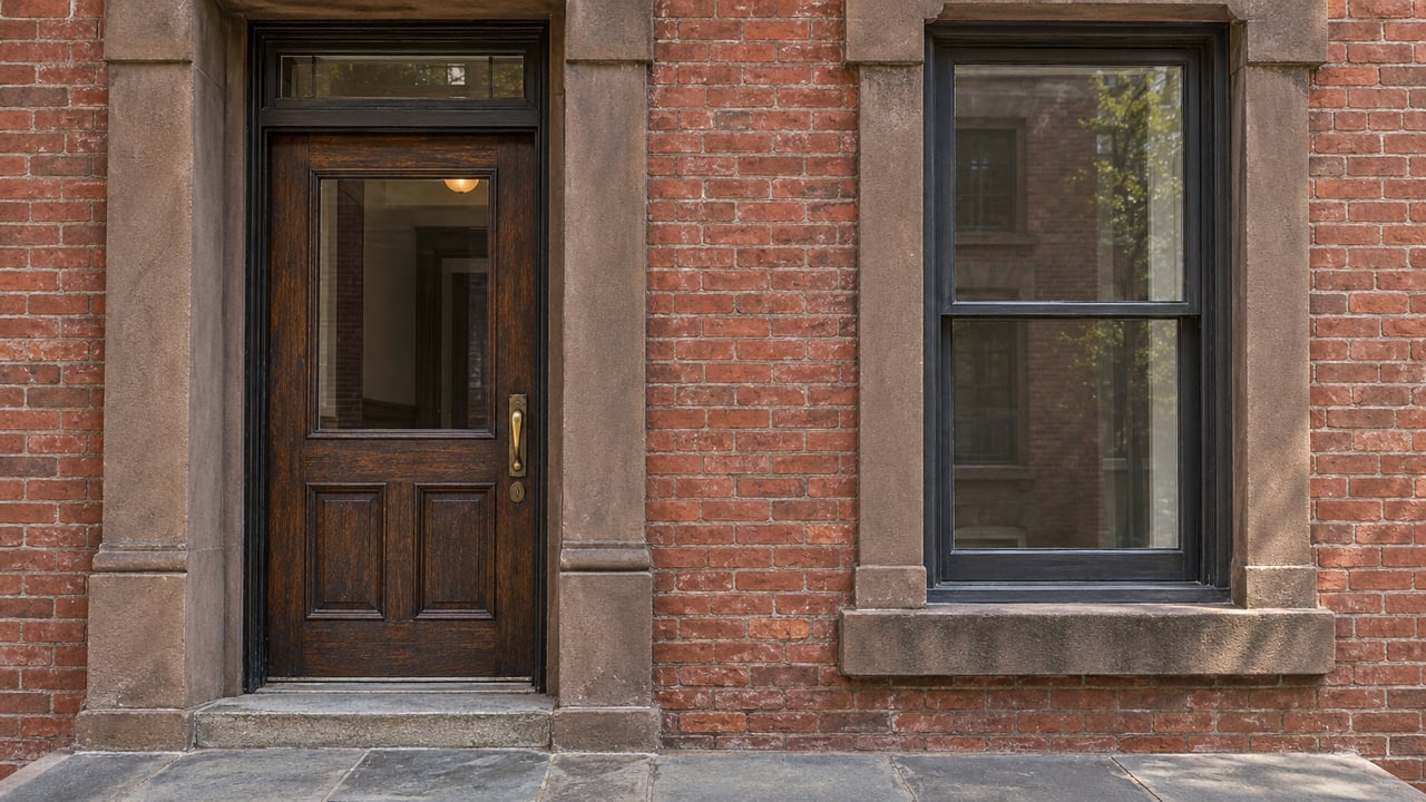 Close architectural photograph of a weathered brick apartment entry with brownstone trim, a dark oak door and a tall sash window.