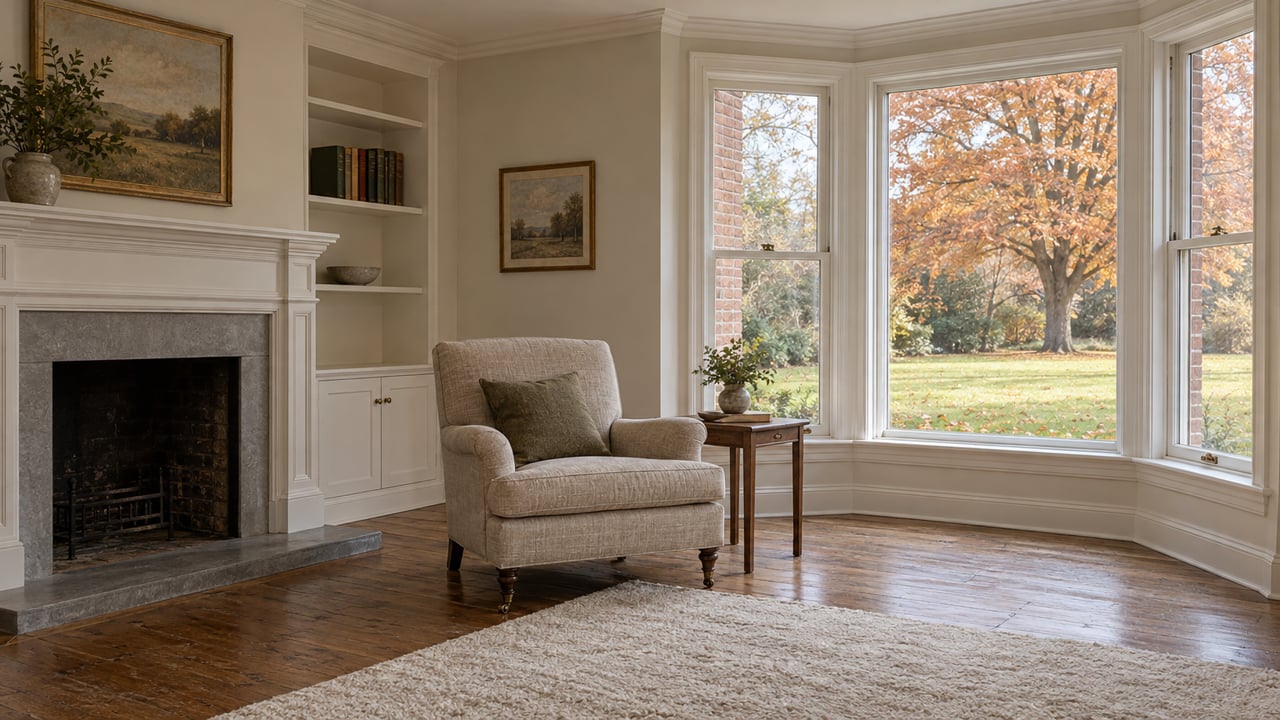 A light-filled sitting room with an oak floor, limestone fireplace hearth and linen chair beside a bay window overlooking an autumn maple.