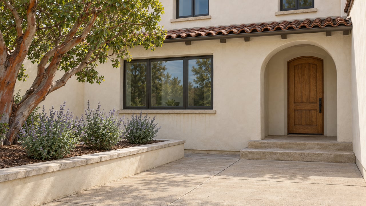 Cream stucco home with clay roof tiles, an arched timber entrance, and a paved forecourt beside a raised planting bed.