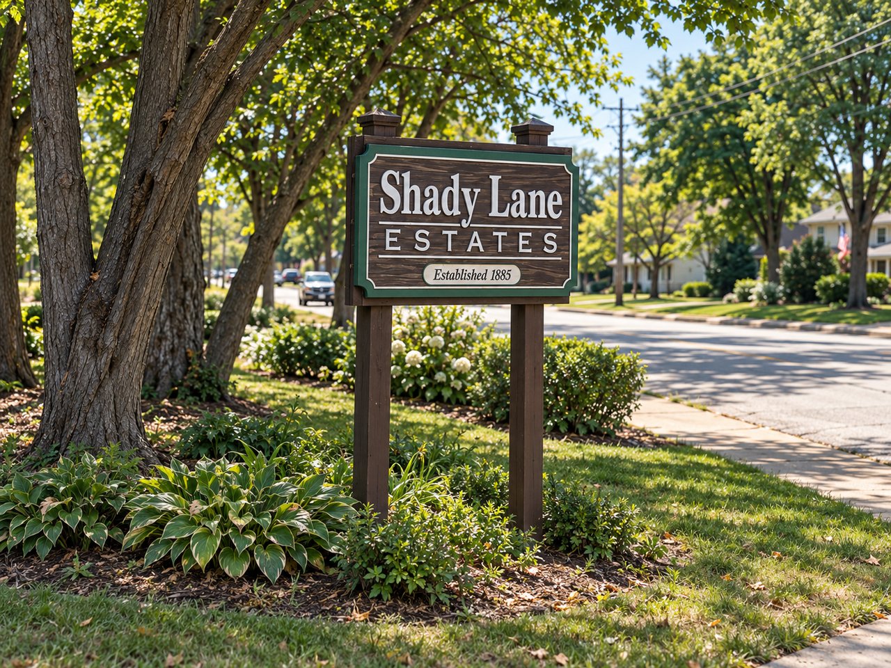 Wooden Shady Lane Estates neighborhood sign surrounded by mature trees, green landscaping, and a residential street in Downers Grove, Illinois.