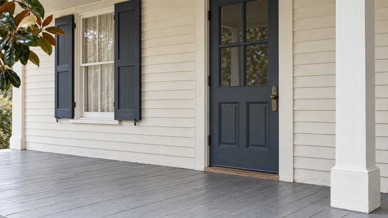 Restored cottage porch with ivory weatherboards, a blue-gray glazed entry door, shuttered sash window and worn gray-painted decking.