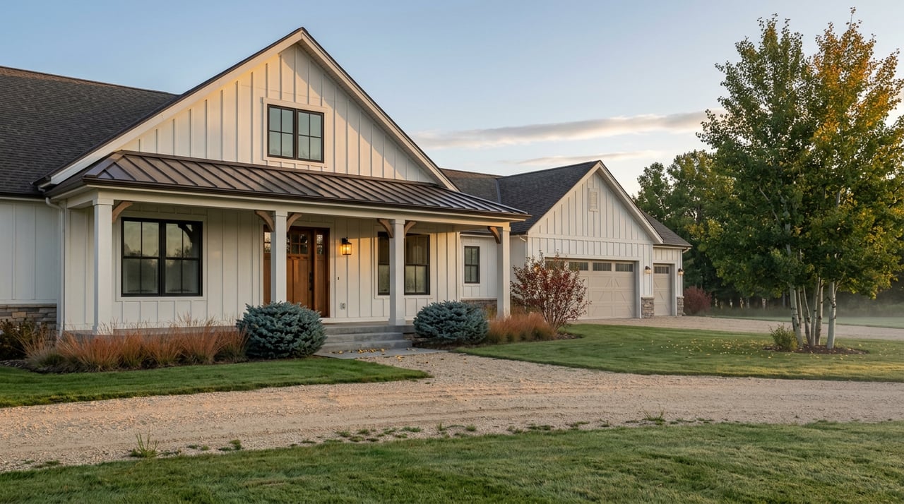 Farmhouse with white siding, a gravel drive, dew-covered lawn, and tree line in the dawn light.