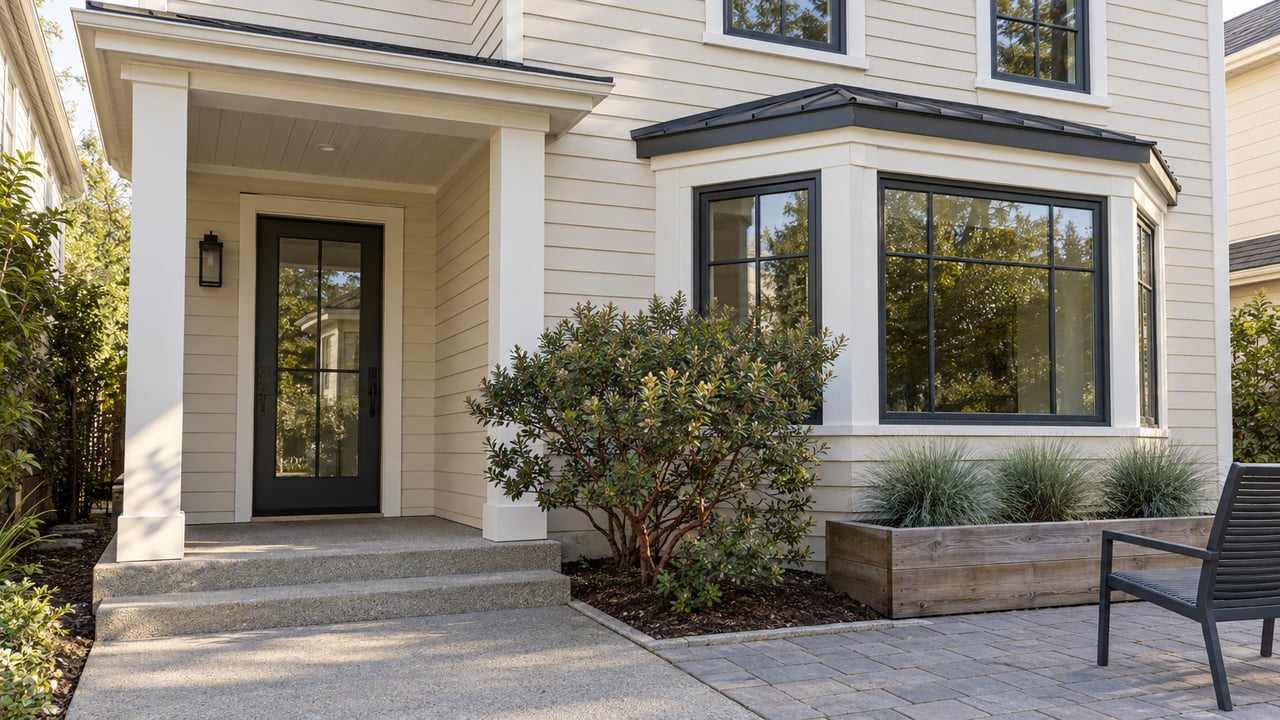 Morning light on a cream clapboard home's covered entry, dark-framed bay window, compact paver patio and specimen planting.