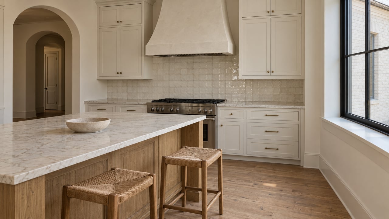 Daylit kitchen with white cabinetry, pale stone counters, an oak island, two woven-seat stools, and an arched hallway opening.