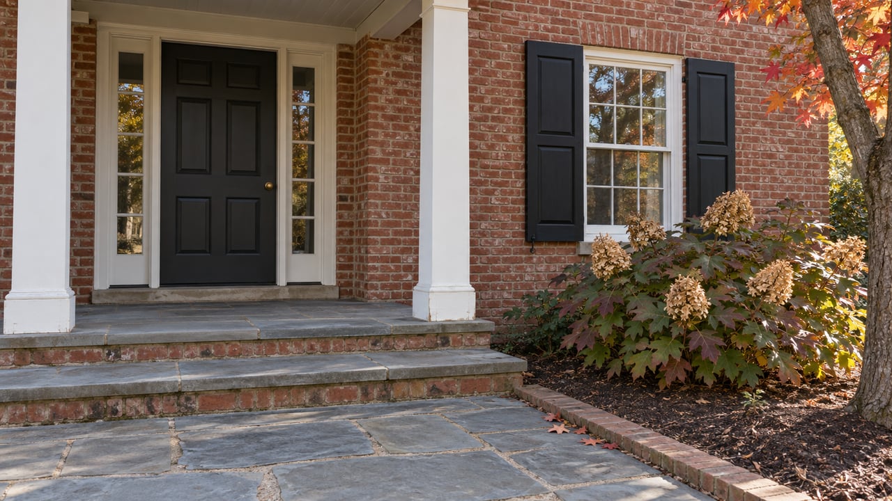 Brick house entrance with white porch columns, a charcoal door, black window shutters, and autumn hydrangea beside a bluestone path.