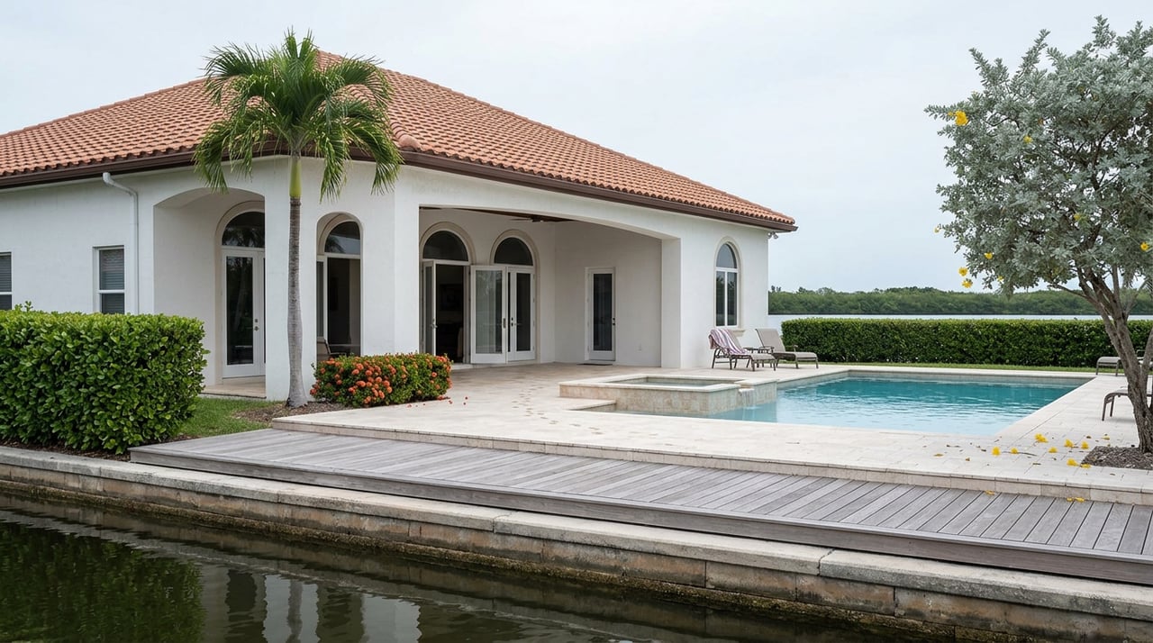 Canal-front estate with terracotta roof, arched lanai doors, pool, raised spa, and dock beside still water.