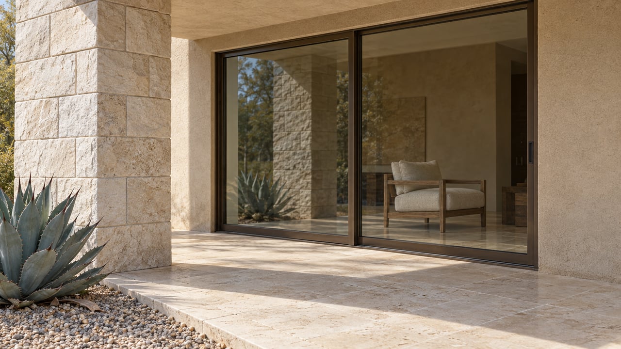 Covered patio corner with limestone paving and pier, sandy stucco, bronze-framed glazing and a blue-grey agave in a bordered gravel bed.