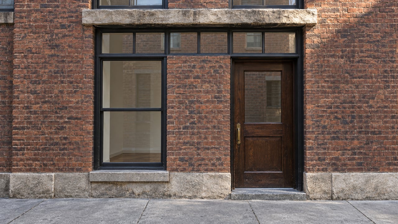 Morning light grazes a russet brick residential entrance with weathered limestone, a dark oak door, and tall black-framed windows.