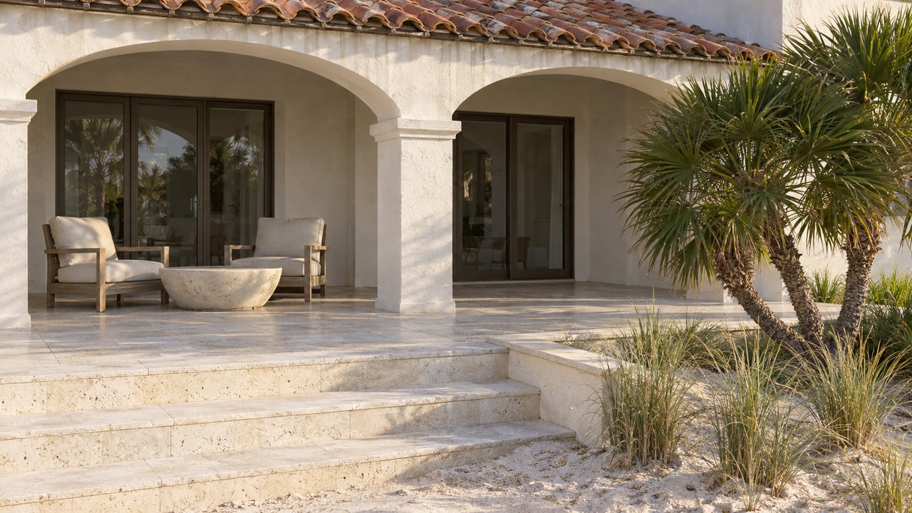 White stucco arches and weathered terracotta roofing above a limestone terrace with teak chairs and a planted sand bed.