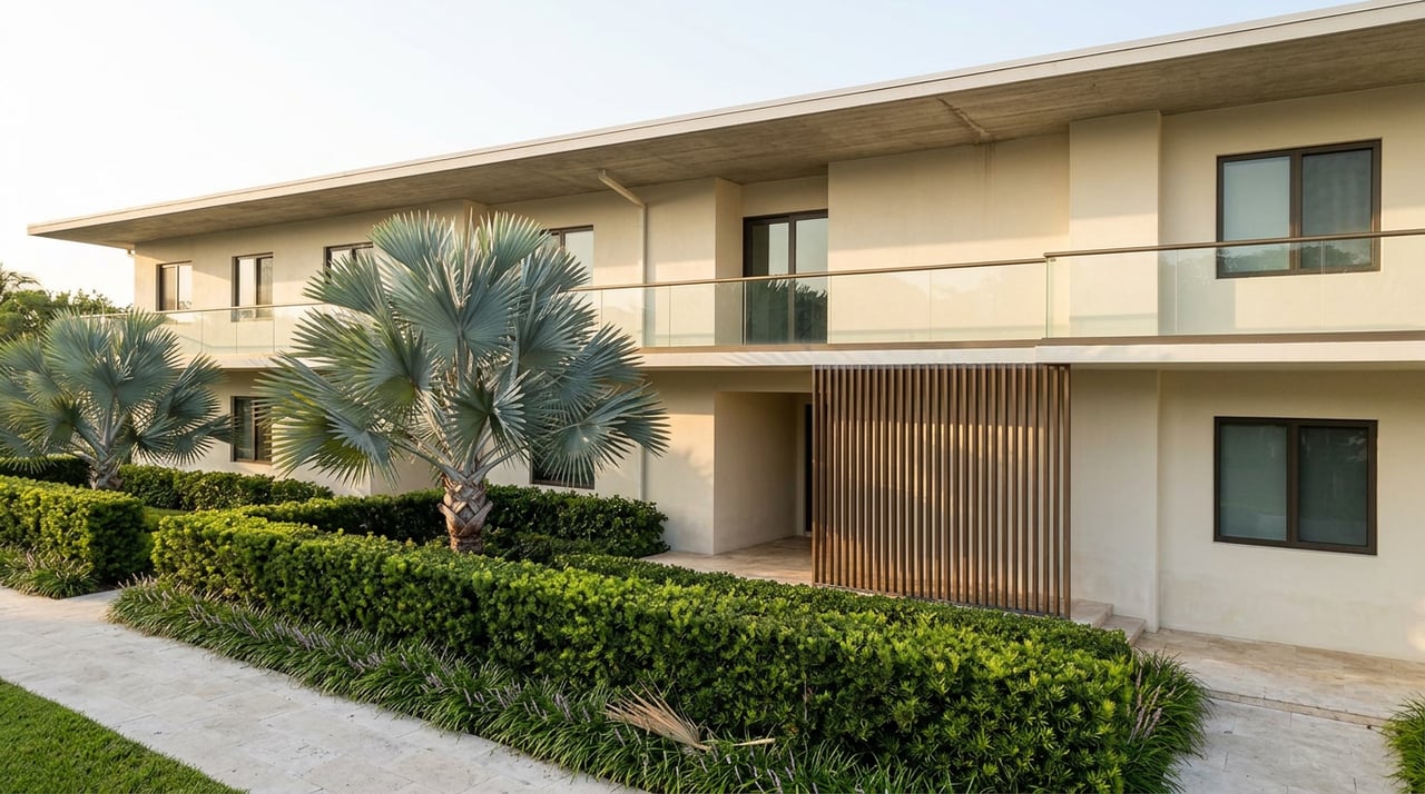 Boutique condominium courtyard with a silver-blue palm, clipped hedge, travertine walkway, and recessed slatted entry.