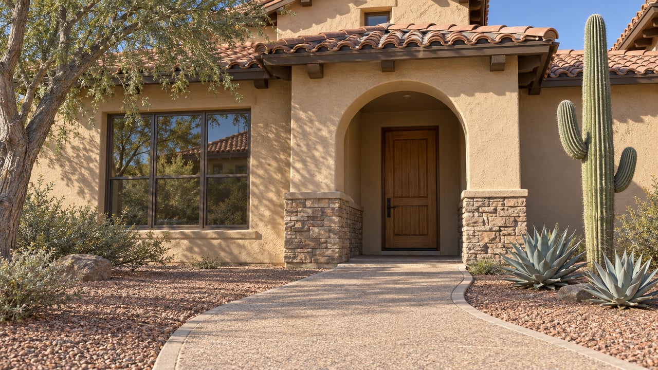 Sunlit sand-colored stucco home with terracotta roof tiles, a shaded arched oak entry, and a curved concrete approach beside a saguaro and agaves.