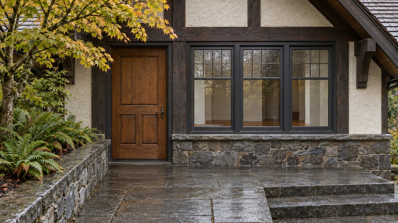 Steep-gabled home with dark timber, ivory stucco, an oak entrance and leaded windows beside autumn vine maple and sword ferns.