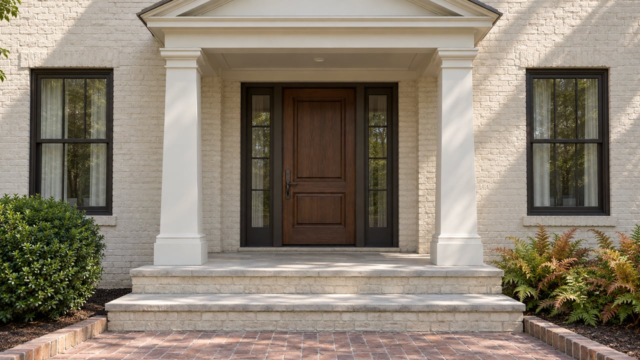 Ivory painted-brick home entrance with a walnut door, paired porch columns, dark-framed windows and worn limestone steps.