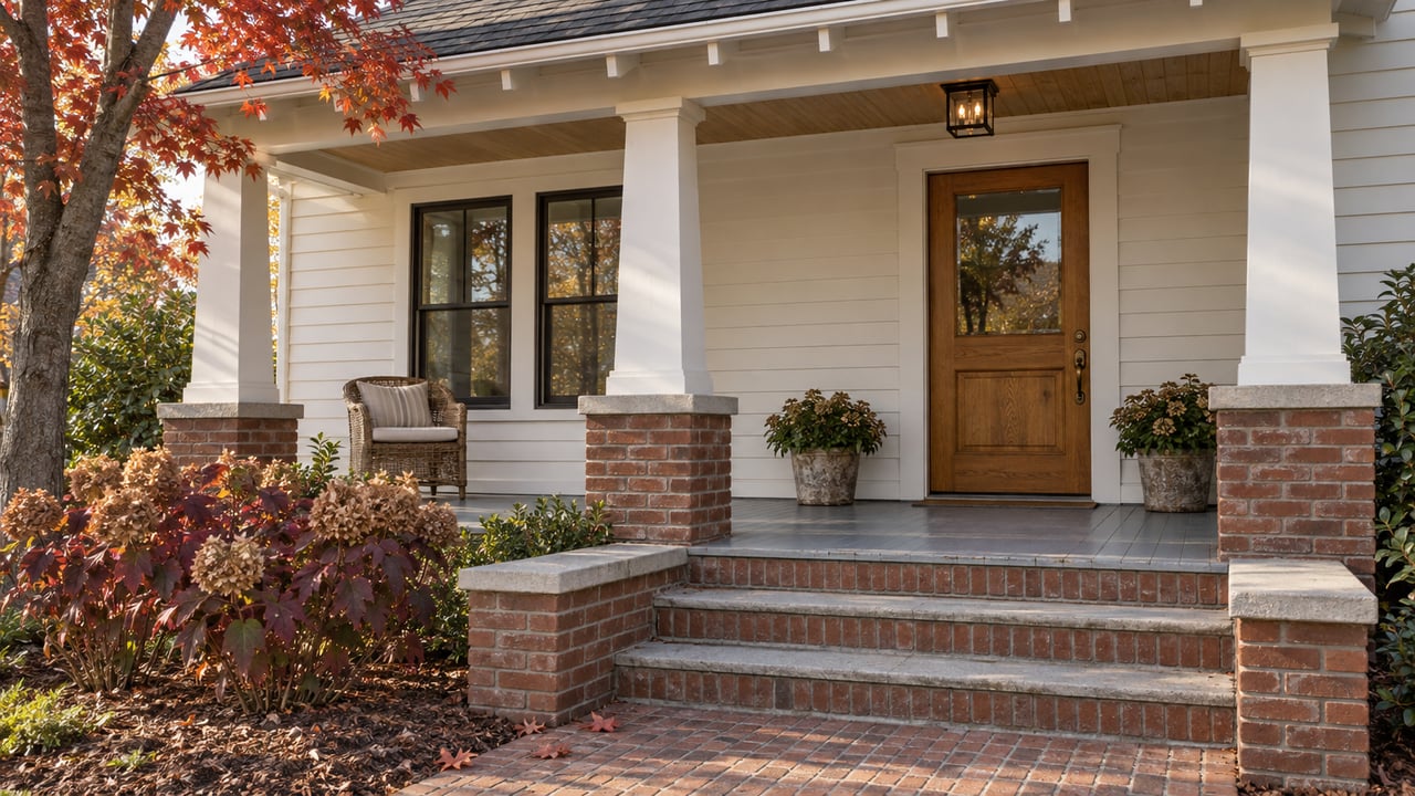 Autumn light falls across a painted wood porch with brick steps, a warm oak door and burgundy oakleaf hydrangeas.
