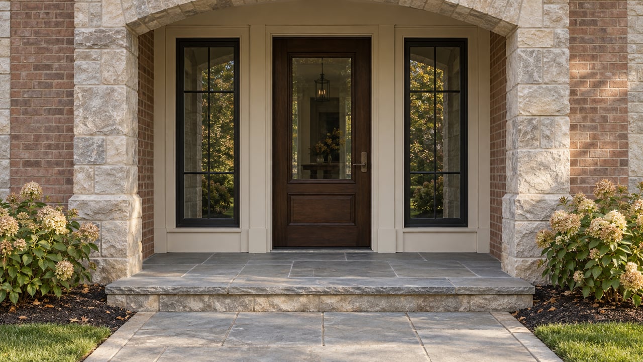 Stone-and-brick home entrance with a glazed oak door, matching windows, a bluestone step and autumn hydrangeas.