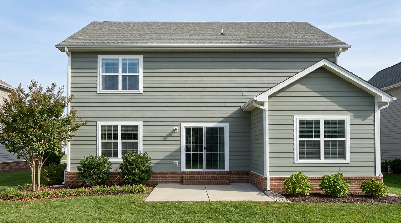Two-story home with a covered porch, siding, brick foundation, and concrete patio opening onto a lawn.