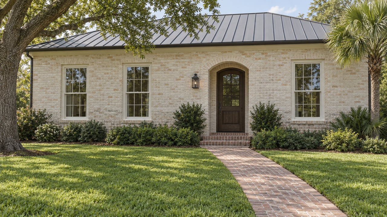 Cream brick house with an arched wooden entry, brick walkway, live oak, and palm.