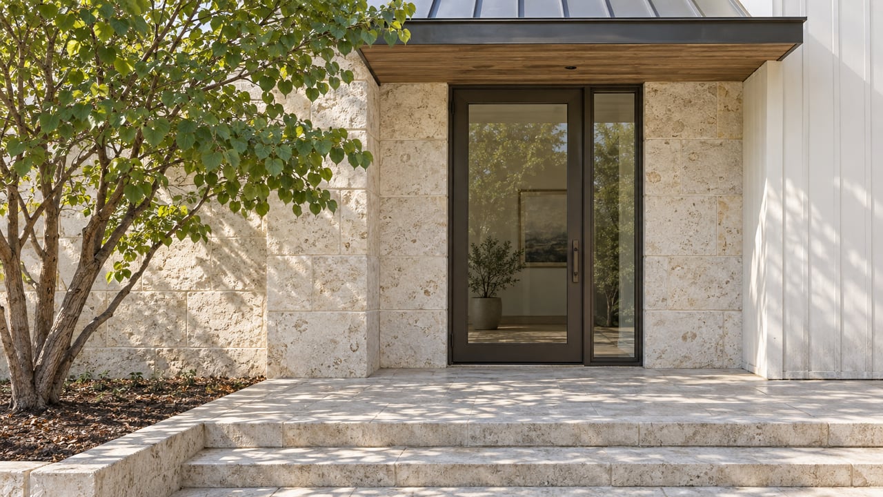 Limestone and white board-and-batten house entry with a bronze-framed glass door, cedar canopy, and a mature redbud beside broad stone steps.