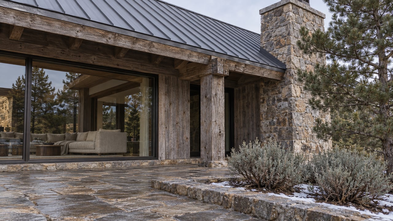 Timber and stone home with a dark metal gable roof, sheltered picture window and quartzite terrace edged by light snow, a limber pine and big sagebrush.