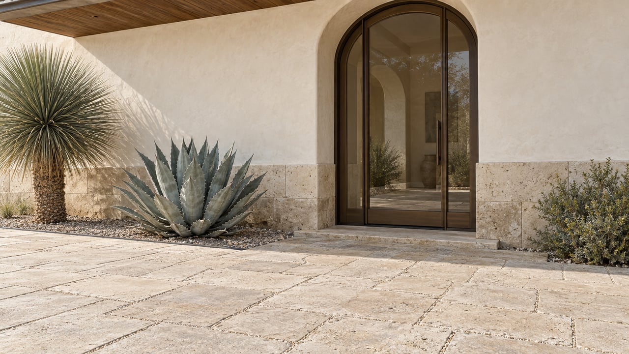Arched bronze-framed glass entry in an ivory stucco wall above a limestone plinth, with stone paving and sparse desert plants.