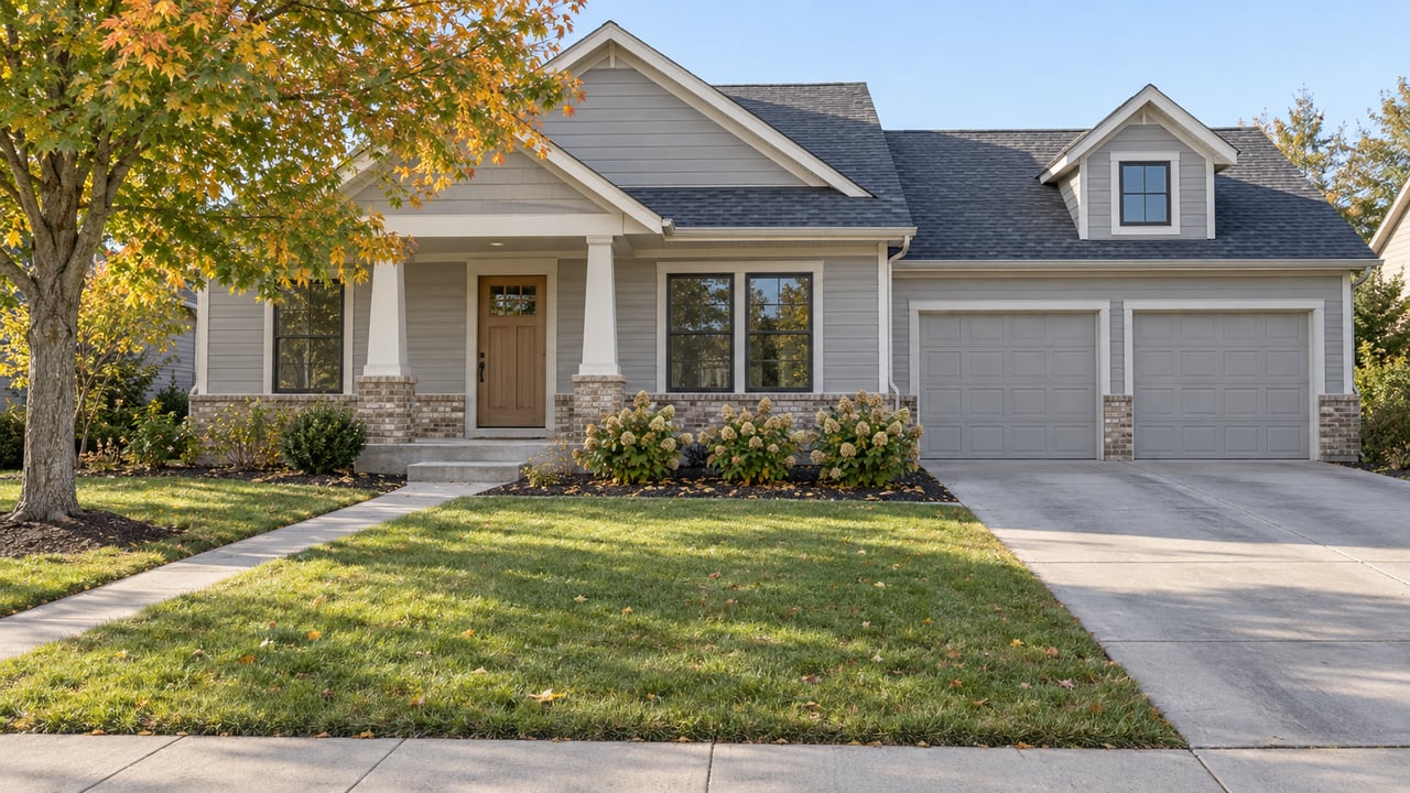 A light-gray gabled home with a brick-based porch, broad front lawn, two-car garage, and a maple tree with autumn leaves.