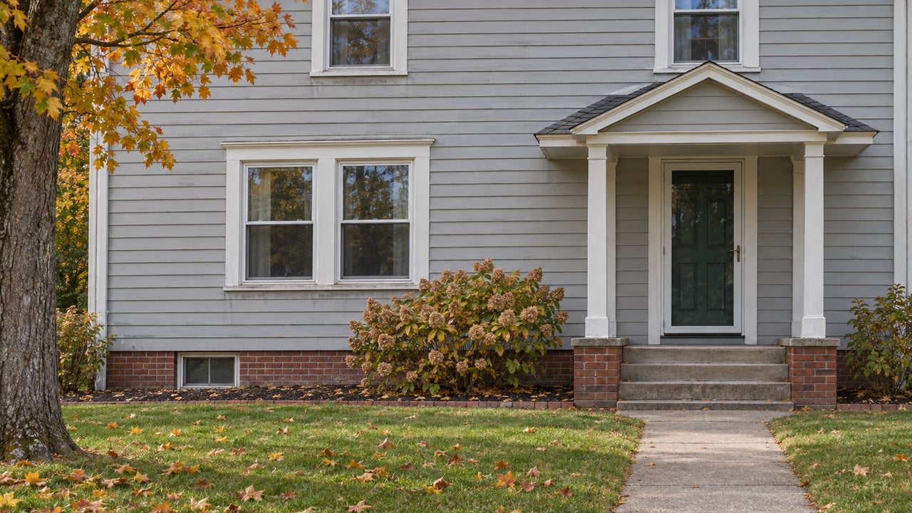Gray clapboard two-unit home with white sash windows, a covered green entry, concrete steps, and amber autumn leaves across the front lawn.