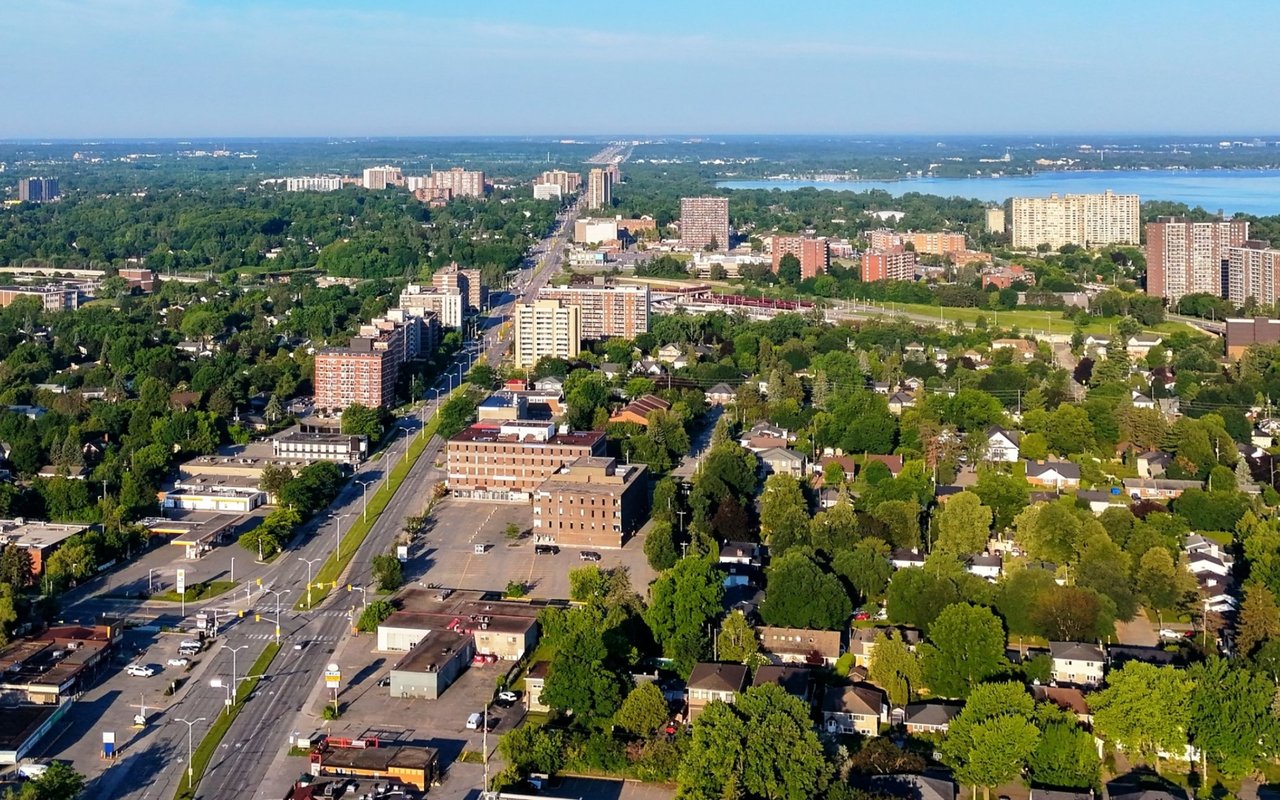 Aerial view of Hastings, with tree-lined homes, apartment buildings, and water in the distance.