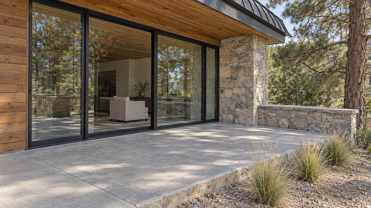 Covered concrete terrace beside cedar siding, closed black-framed glazing and a stone pier, with grasses and a pine at the edge.