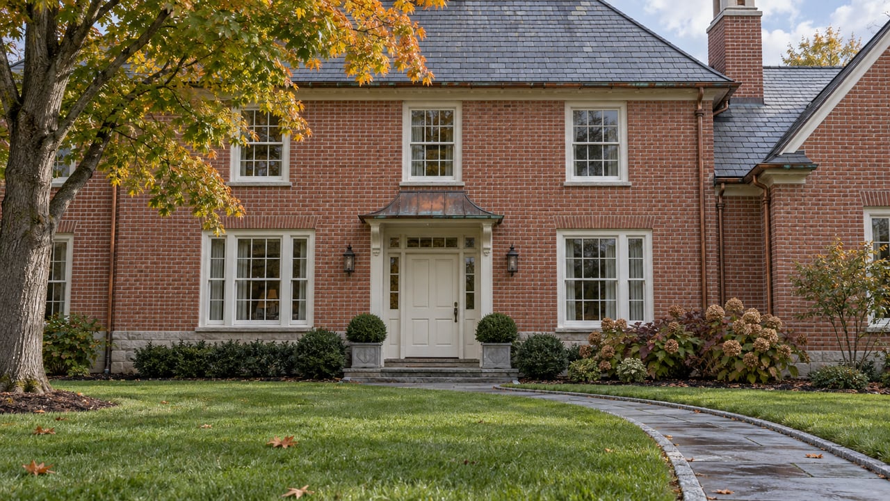 Traditional brick house with slate gables, white sash windows and a bluestone entrance walk across an autumn lawn.