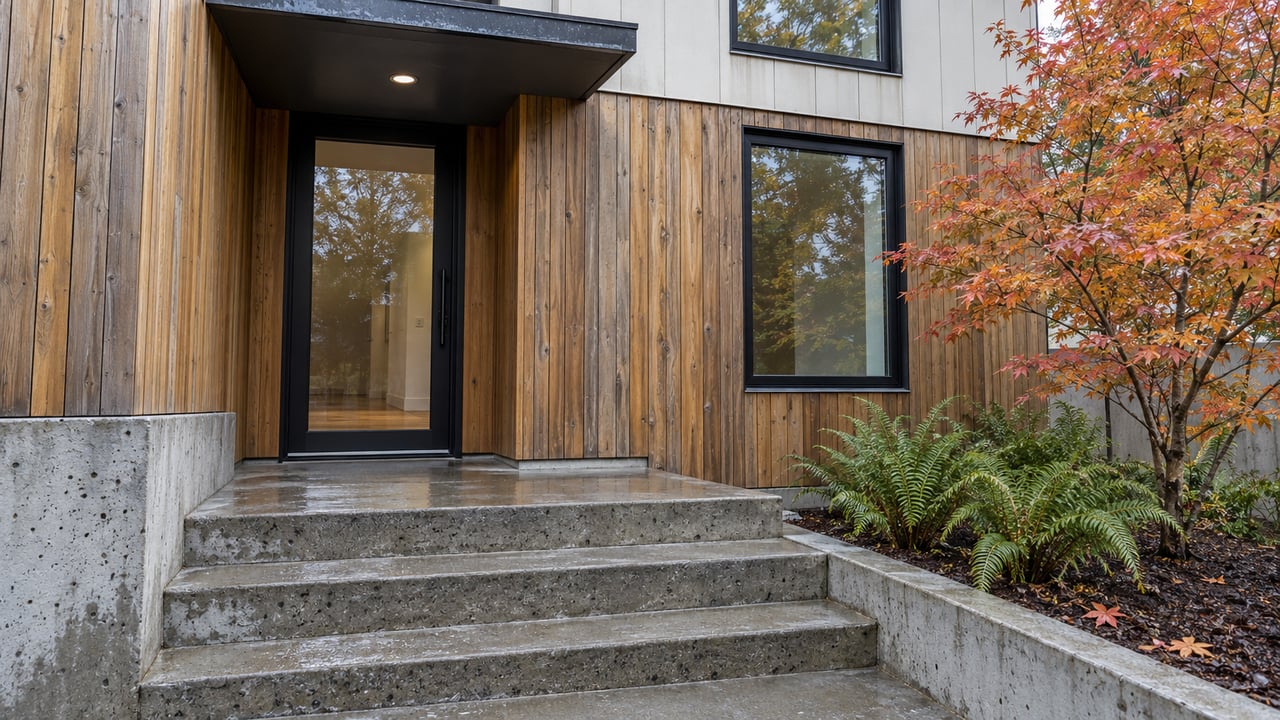 A recessed townhouse entry with cedar cladding, black-framed glass, damp concrete steps, and an autumn vine maple.