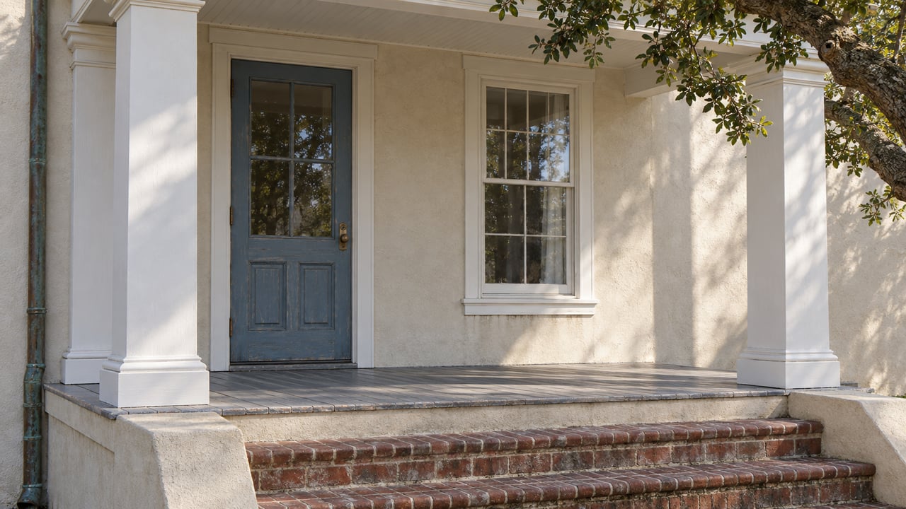 Morning light across an ivory stucco porch with a muted blue glazed door, white timber columns, and worn brick steps.