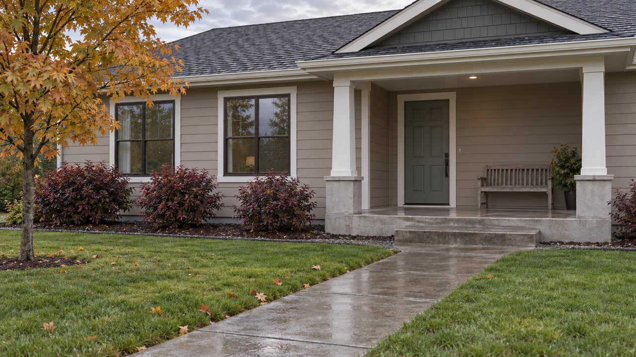 A taupe single-story home with a sheltered front porch, rain-darkened concrete walk and autumn maple beside a deep lawn.