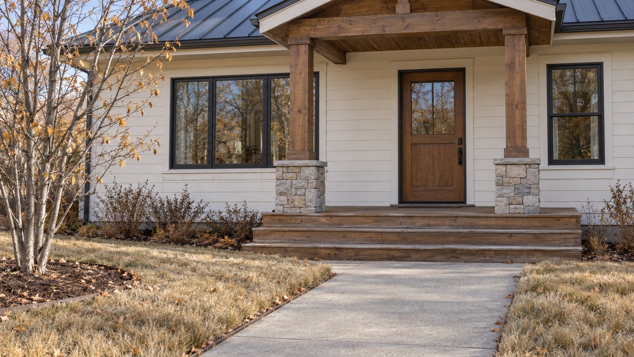 Late-autumn sunlight crosses the timber porch and stone plinths of a cream-sided home, with a concrete approach and bare serviceberry branches.