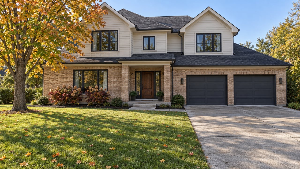 Renovated brick-and-ivory-sided home with a deep front lawn, amber sugar maple and a recessed oak entry.